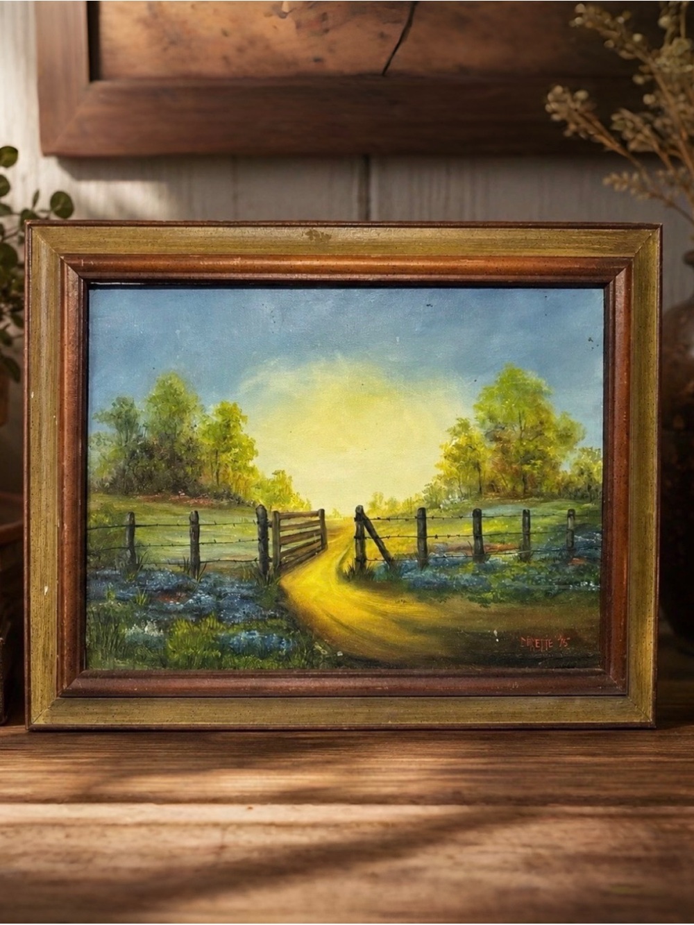 Vintage 1975 Texas Bluebonnet Oil Painting Signed Corette 12x16 Framed